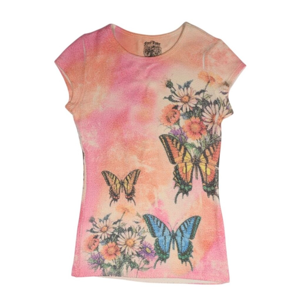 Vintage Y2K Free Love Butterfly Shirt in Pink
